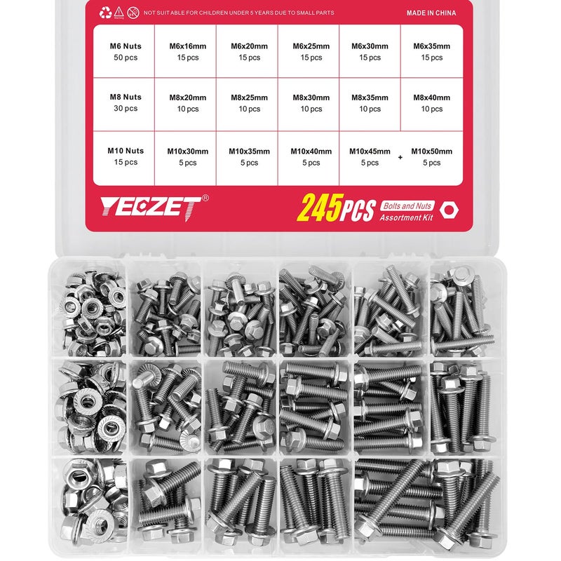 YEEZET 245PCS M6 M8 M10 Heavy Duty Flanged Bolts and Nuts Kit,Stainless Steel 304 Metric Flanged Hex Screws Nuts Includes 15 Most Common Sizes - Image 4